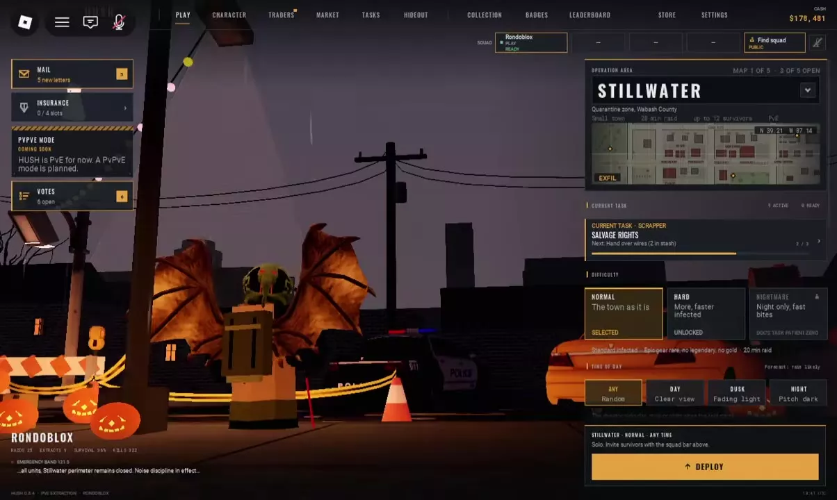 Stillwater deployment screen with Normal difficulty, time-of-day options and the Deploy button.