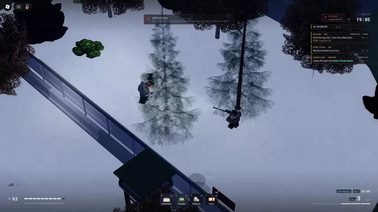 Crosshair aimed at The Witness's torso beside trees and the perimeter wall.