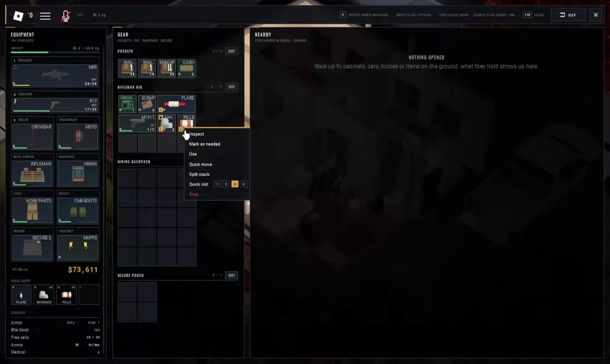 Pills selected in the HUSH inventory with the right-click Use option visible.