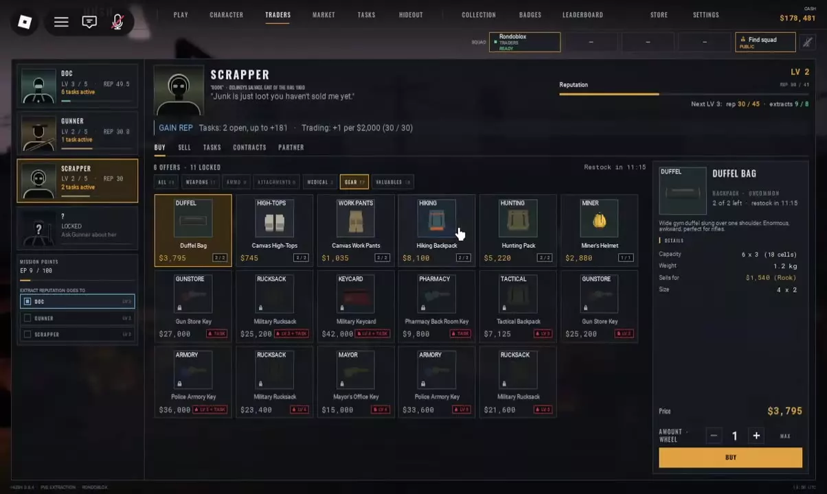 Scrapper&rsquo;s trader interface with the TASKS tab beside BUY and SELL.