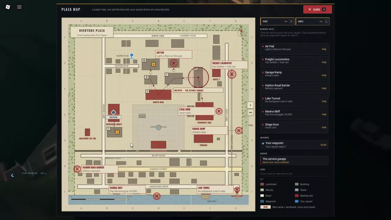 Plaza Map with a waypoint at Acoustics Annex west of the central plaza and Founders' Hall to the east.