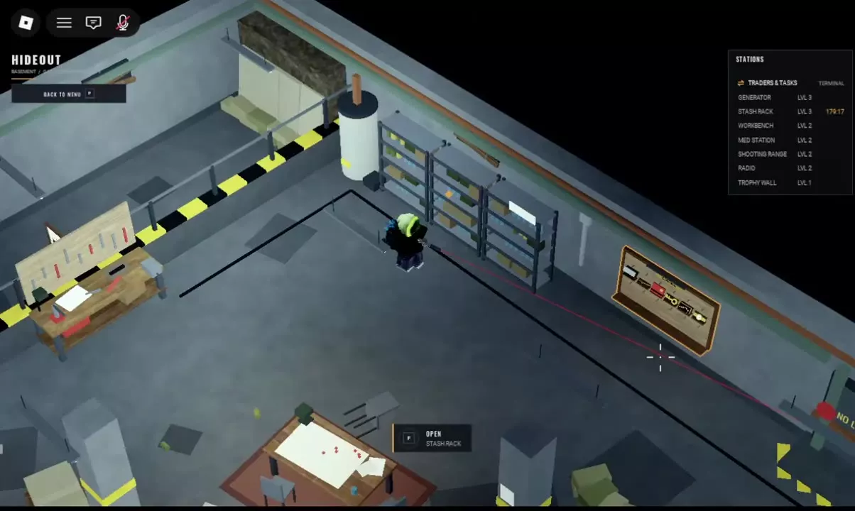 Character beside the Hideout Stash Rack with the F interaction prompt visible.