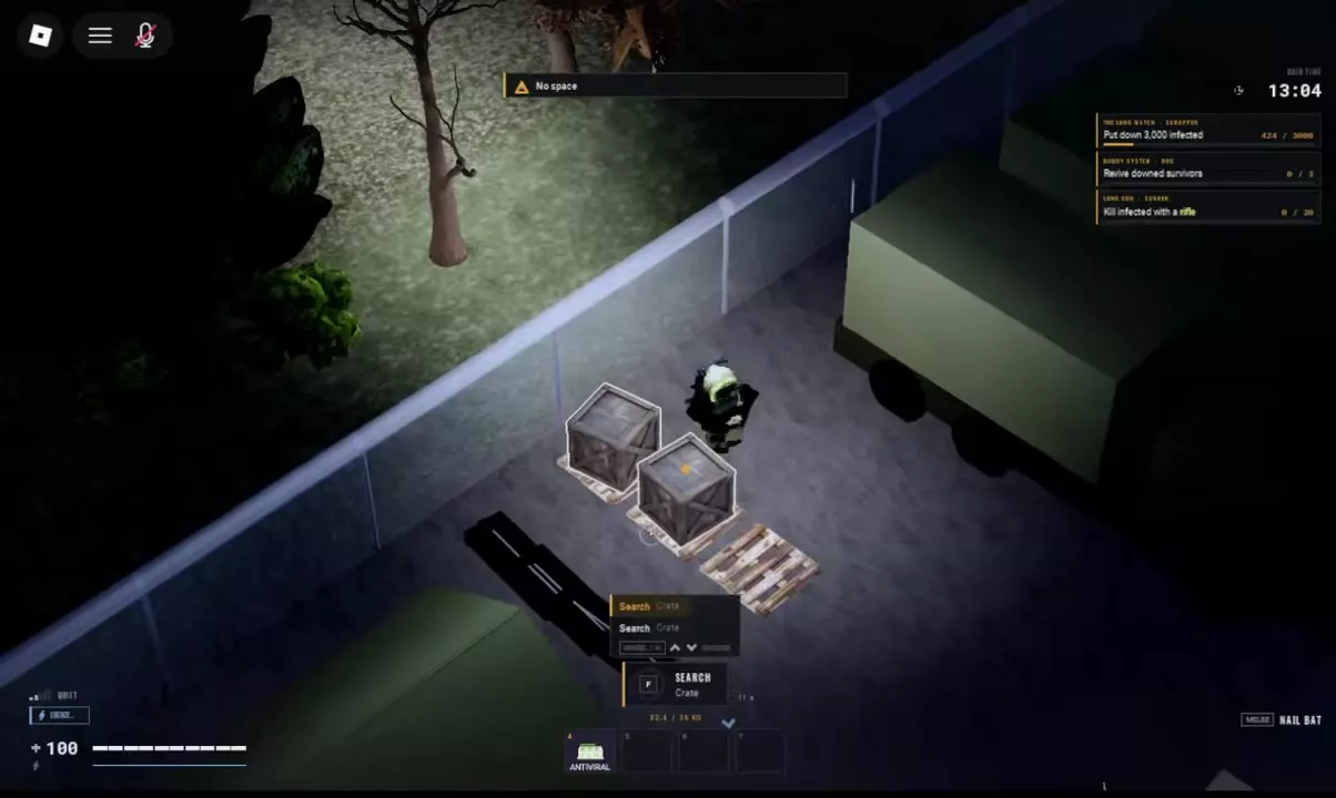 Searchable wooden crates on pallets beside trucks and the perimeter fence.