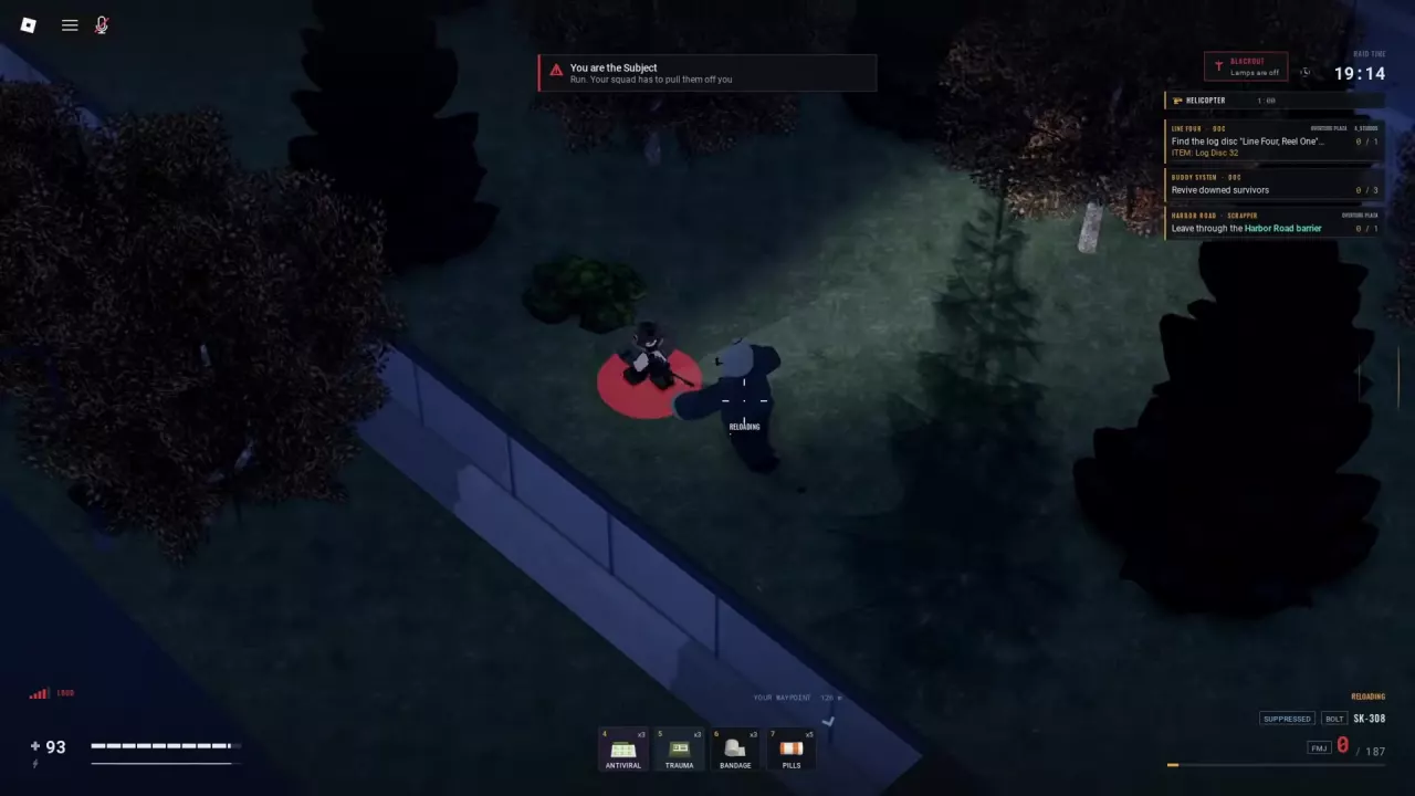Subject warning and a red circle beneath the player as The Witness approaches.