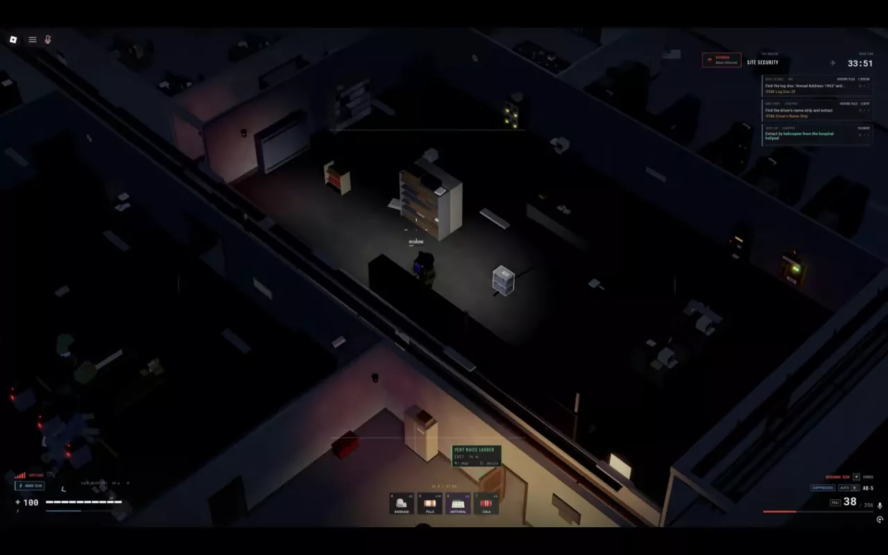 Site Security room with a central bookshelf and a long wall Locker near a red seat.