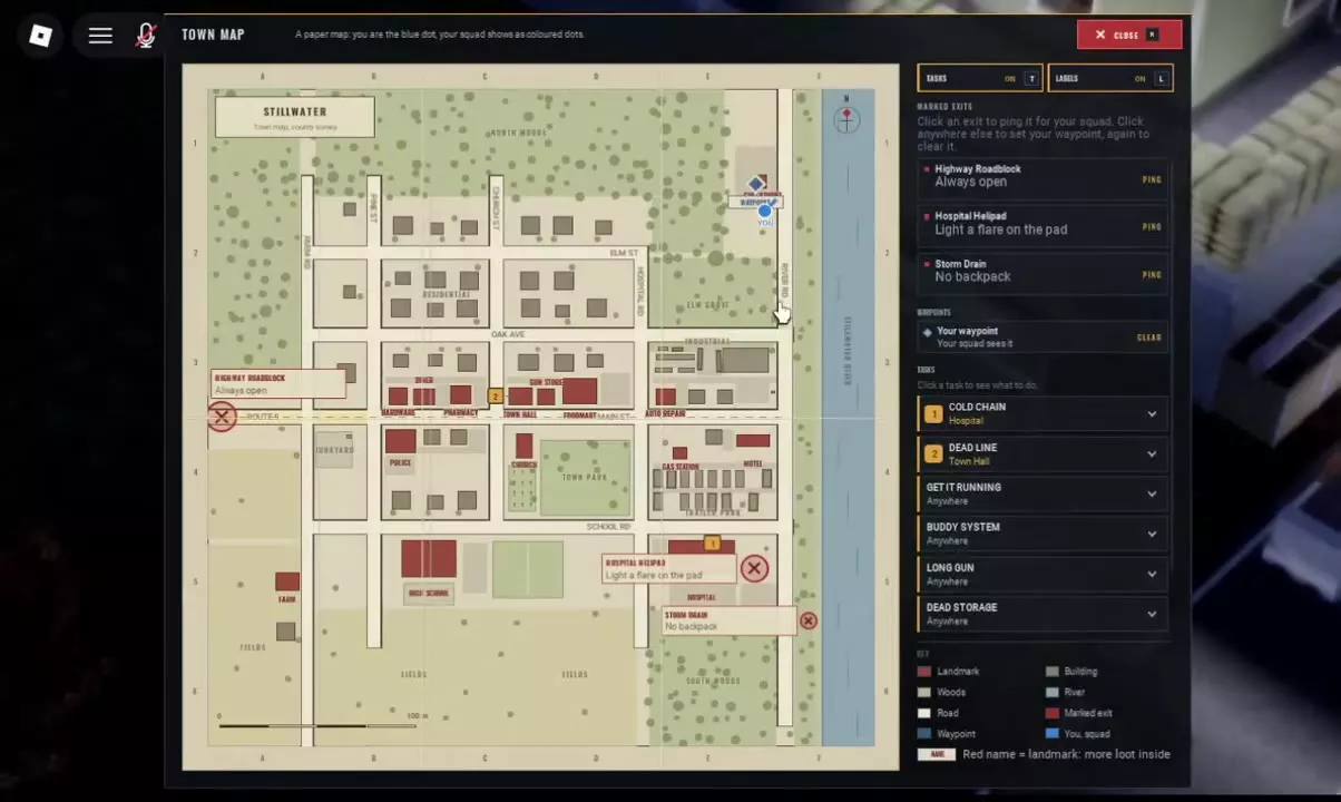 Stillwater Town Map with the player beside Checkpoint in the northeast.