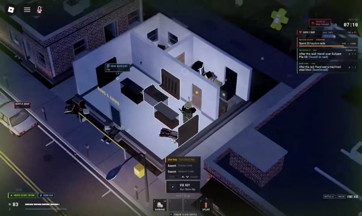 Guns & Ammo interior with Gun Store Key, Display Case and Weapon Crate interaction options.