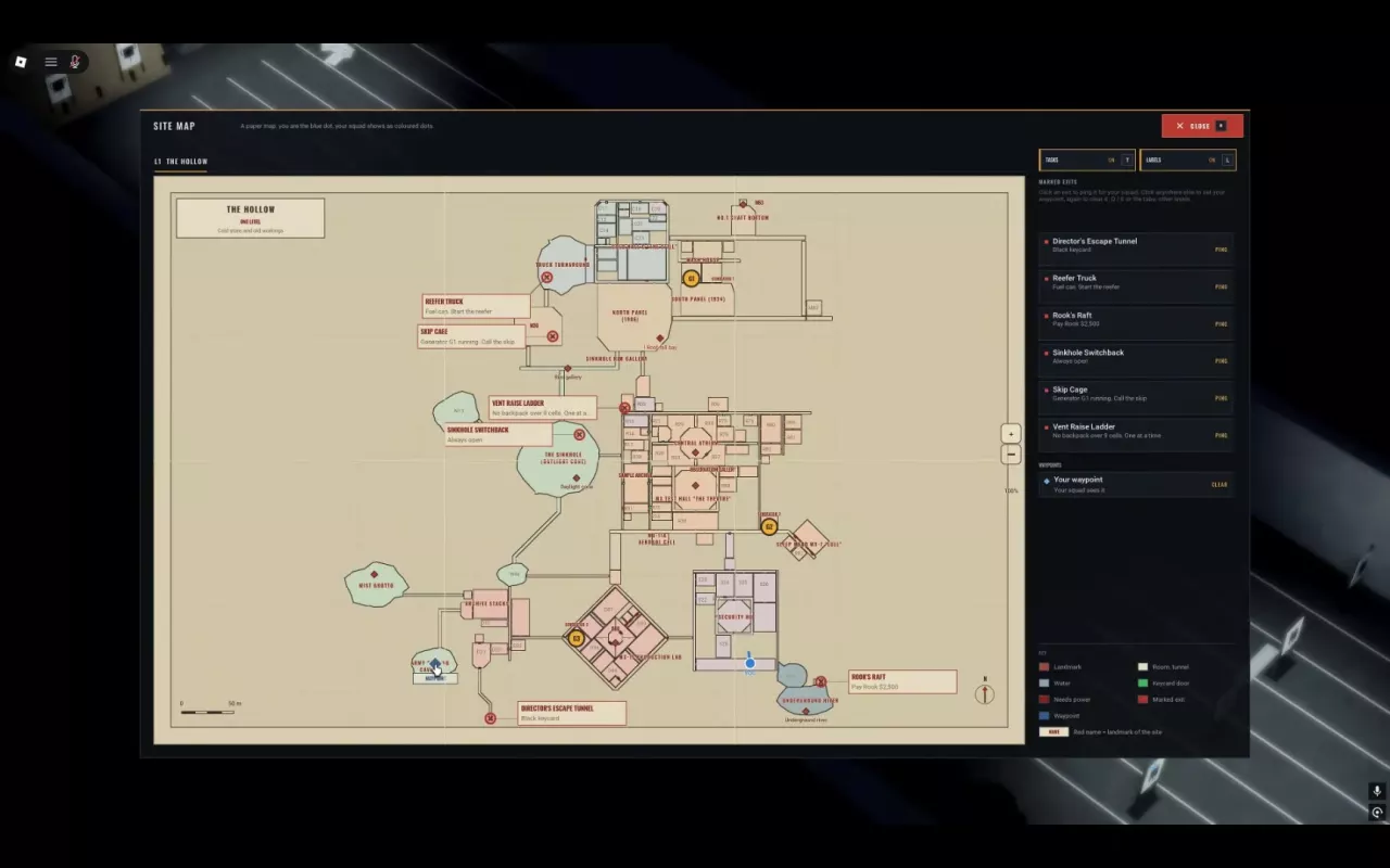 The Hollow Site Map with room labels, marked exits, a blue player dot and a waypoint at Army Staging Cavern.