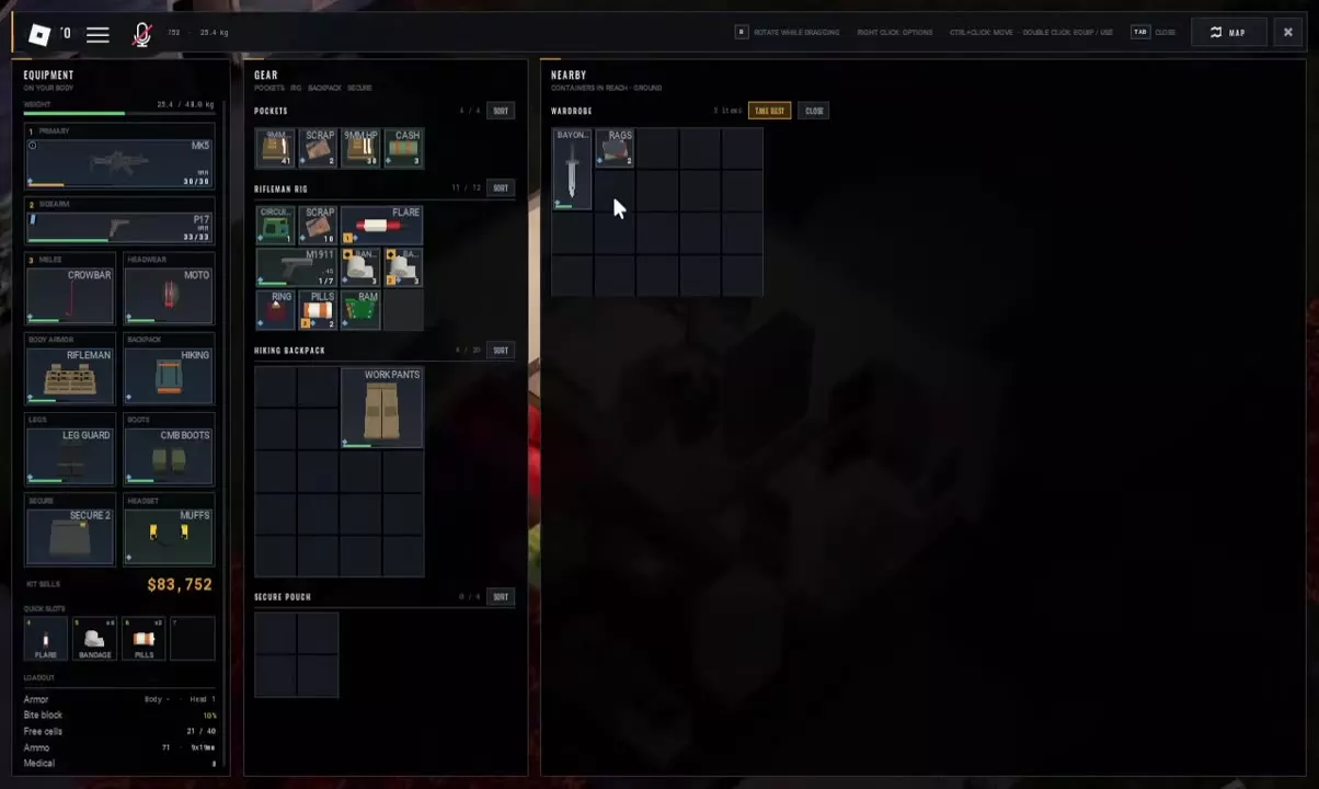 Riot Leg Guards and Jungle Combat Boots equipped in separate slots, with Work Pants stored in the backpack.