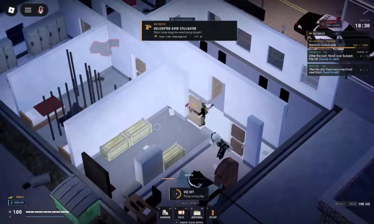 Police Armory door with the Use Key prompt and UNLOCK progress bar.