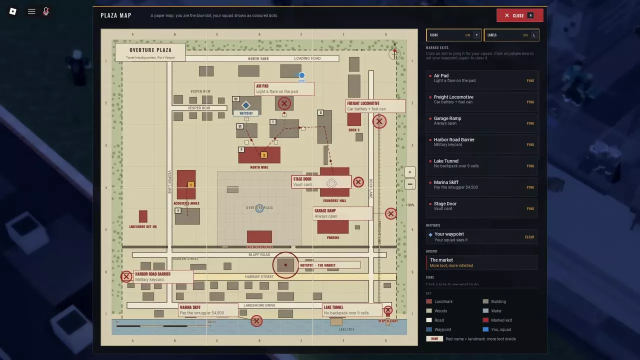 Plaza Map with the blue player marker, a waypoint at U2, map controls, and marked exits.