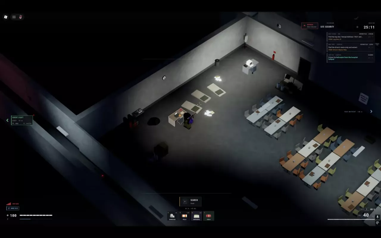 Searchable Desk beside three floor beds and dining tables in Site Security.
