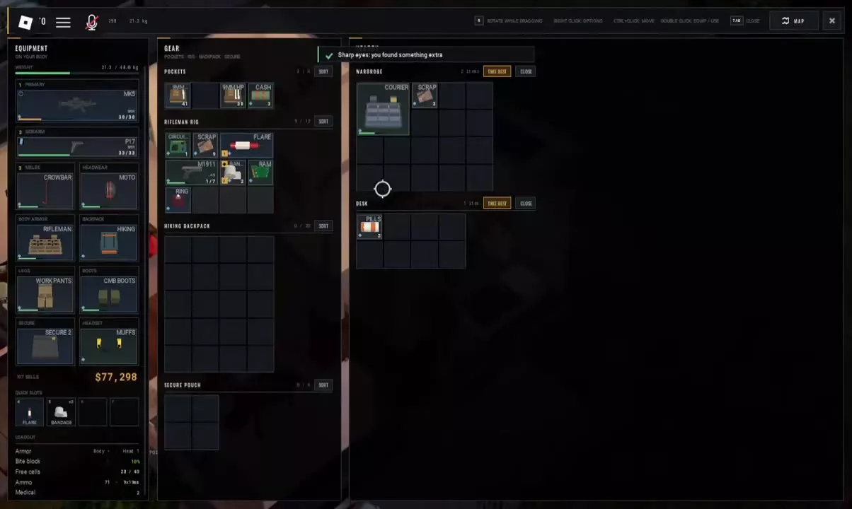 Separate carried inventory grids beside Wardrobe and Desk loot, with a Sharp eyes notification.