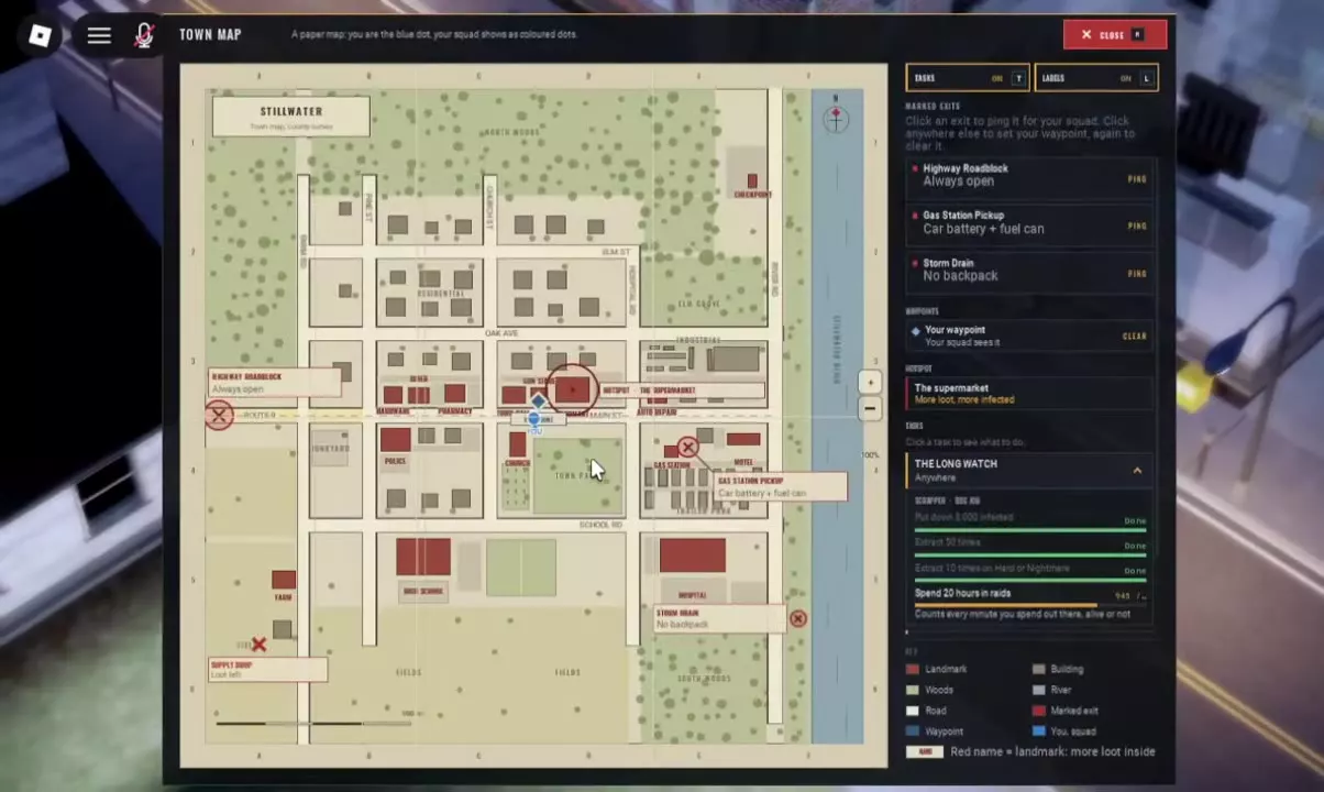 Stillwater Town Map with The Long Watch objectives expanded in the task panel.