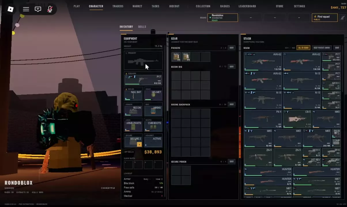 HUSH inventory with EQUIPMENT, GEAR, and STASH side by side, empty rig and backpack grids, and an empty PRIMARY slot.