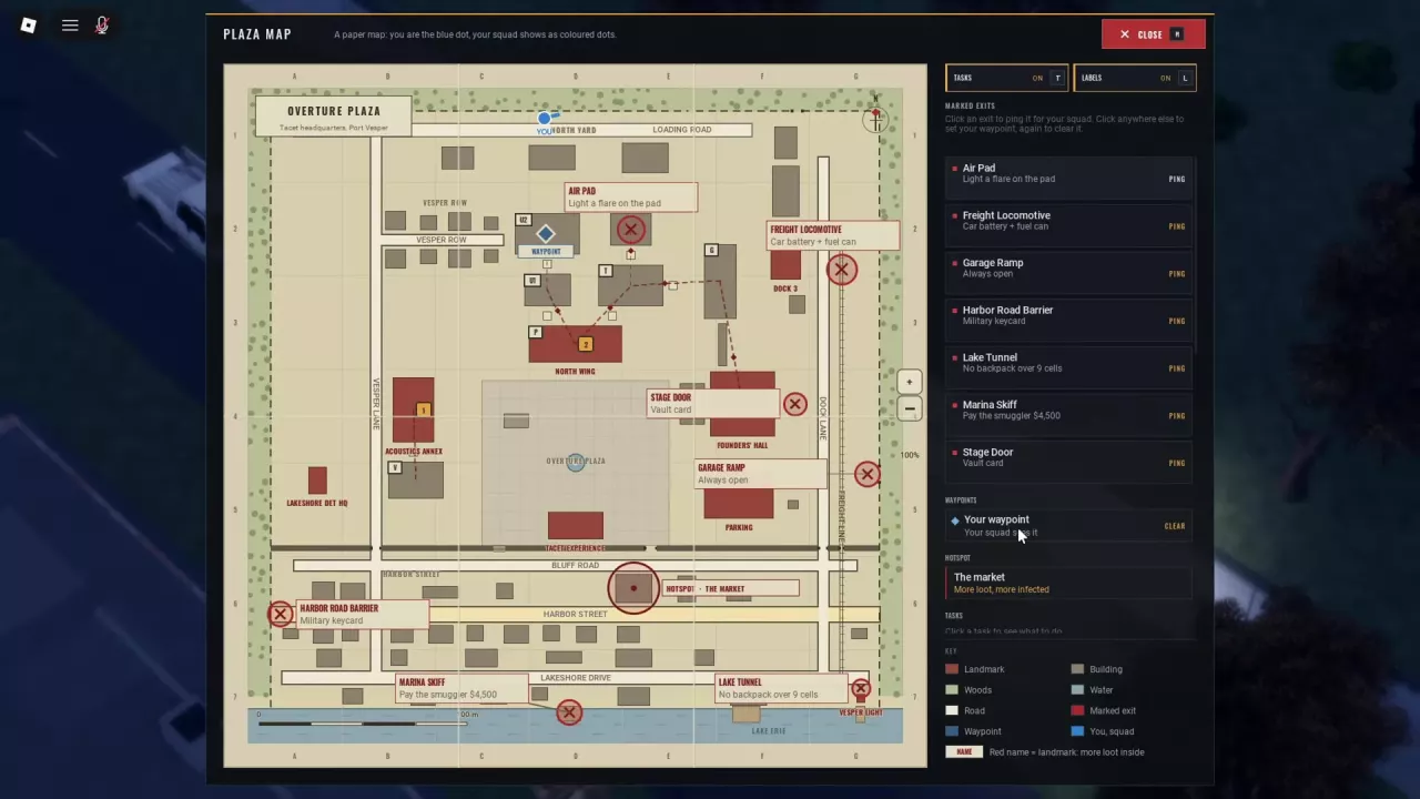 Plaza Map with all seven extraction points and their requirements.