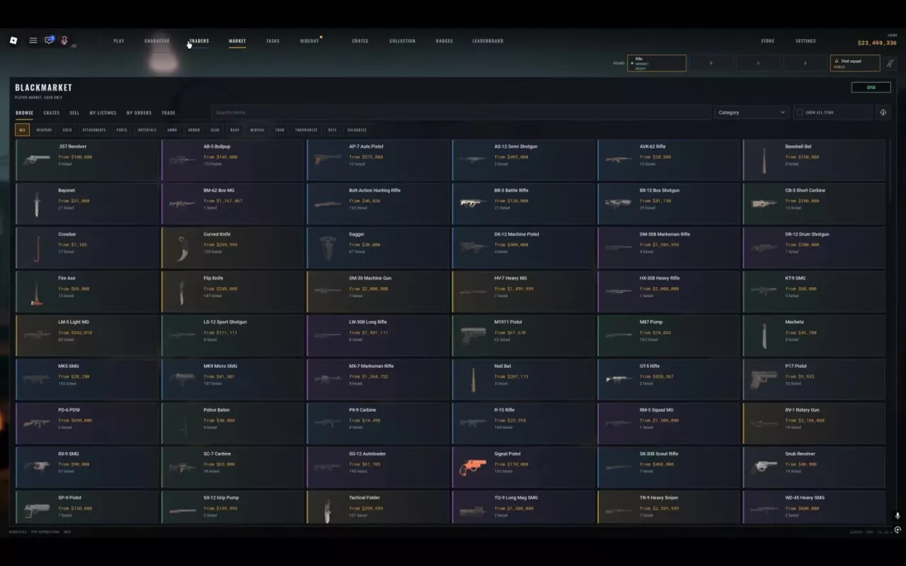 HUSH Blackmarket Browse screen with item search, category filters, starting asking prices and listing counts.