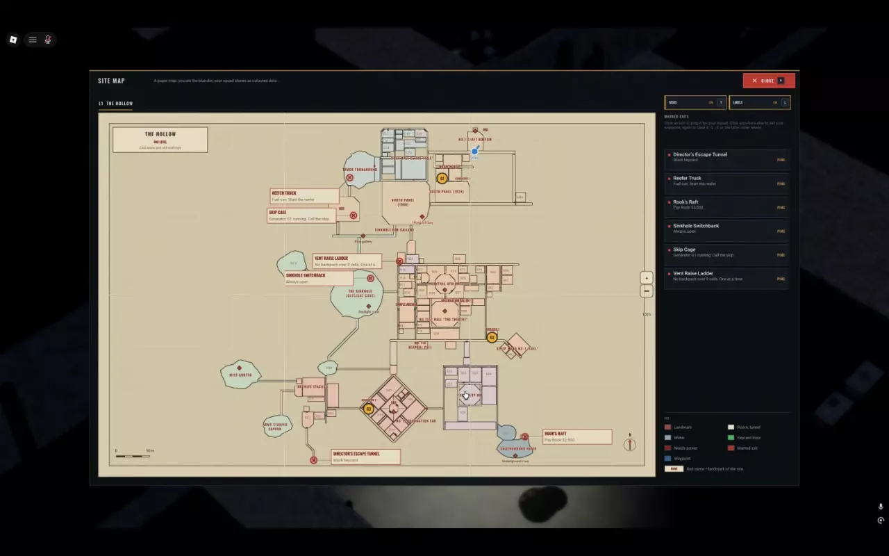 The Hollow Site Map with Security HQ in the southeast and marked extraction points.
