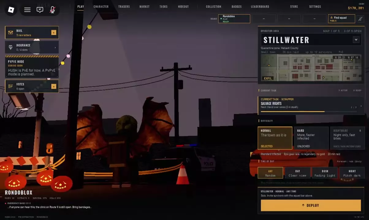 HUSH PLAY screen with Stillwater, difficulty choices, time-of-day options and the DEPLOY button.