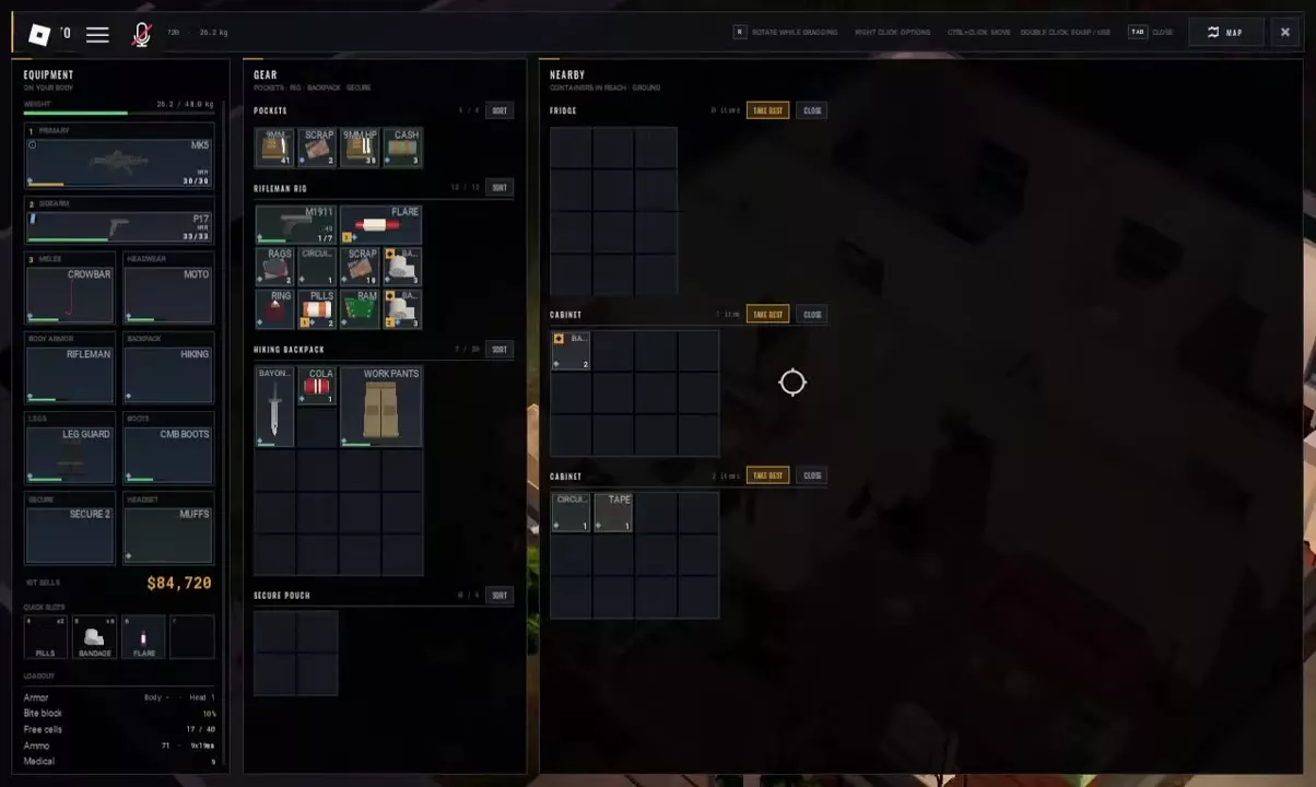 Inventory showing MK5 in Primary, P17 in Sidearm, Crowbar in Melee, and M1911 stored in the rig.